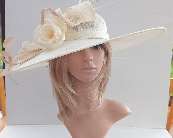 Featured listing image: Creamy Ivory large Statement hatinator..for Wedding,races,ascot with pale gold accent trim & feathers   "katherine"