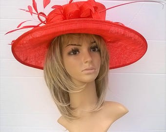 Poppy Red Wedding Hat..swirls and looped trim  Biot & coque feathers..with or without bag
