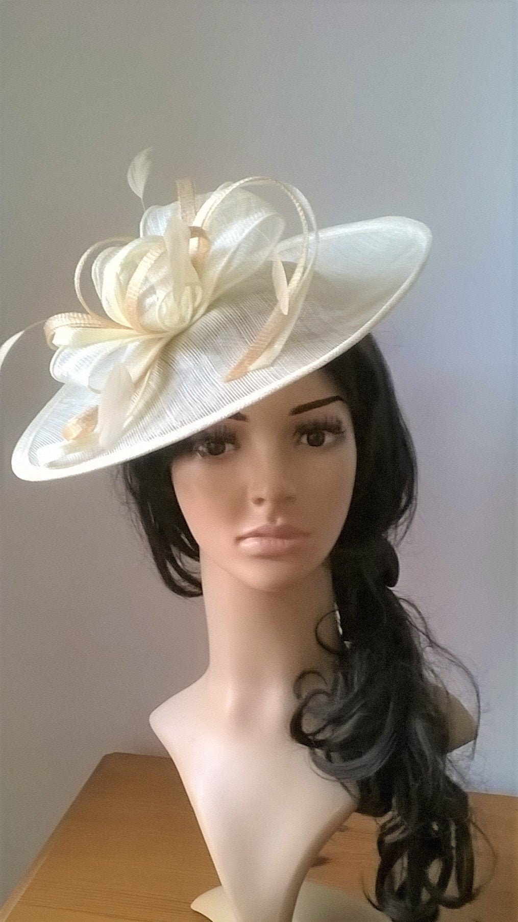 Creamy Ivory & pale gold Fascinator..Stunning shaped Sinamay Fascinator