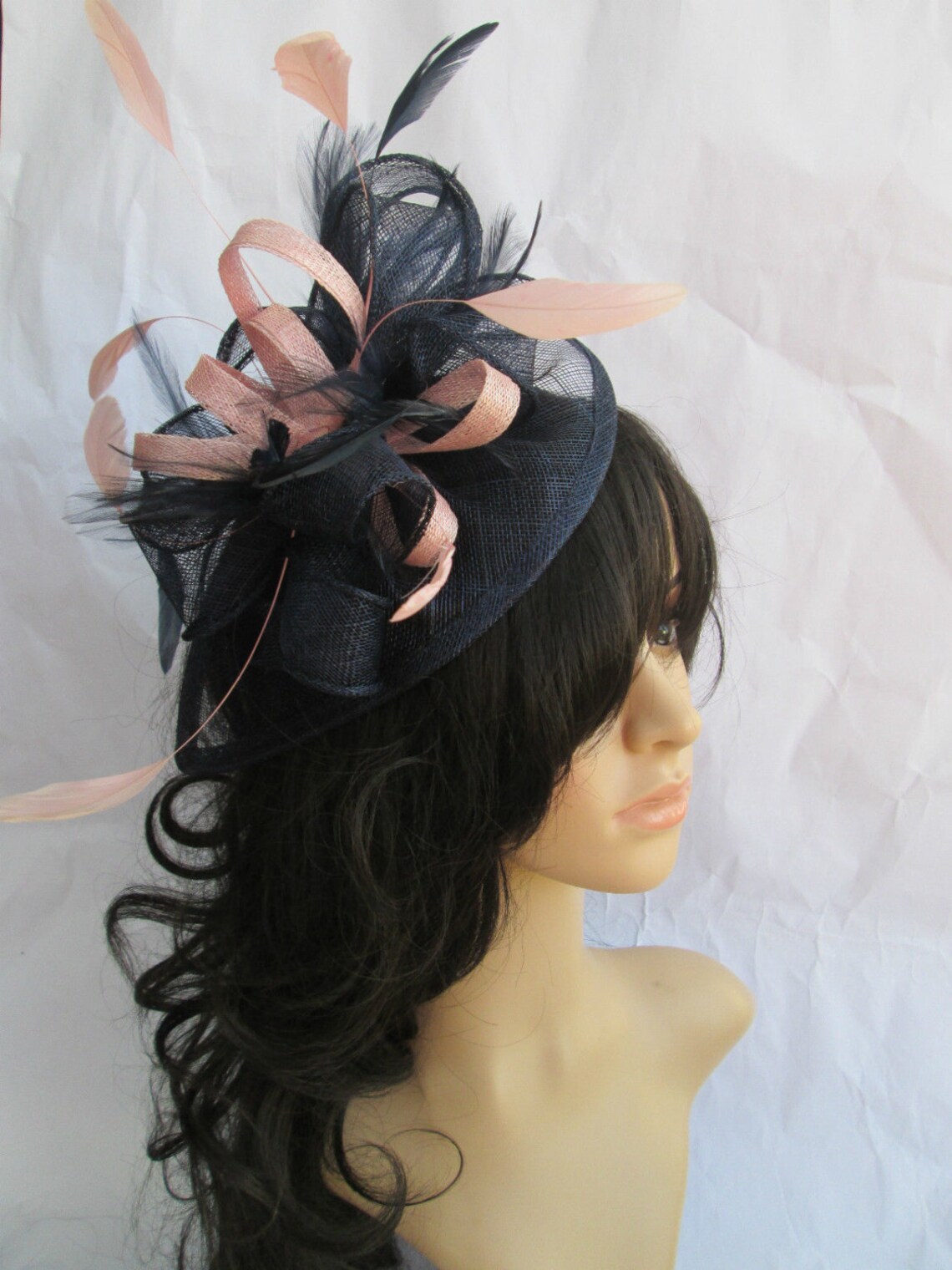 Stunning Navy Blue & Pink Fascinator ..Sinamay and Feather Etsy