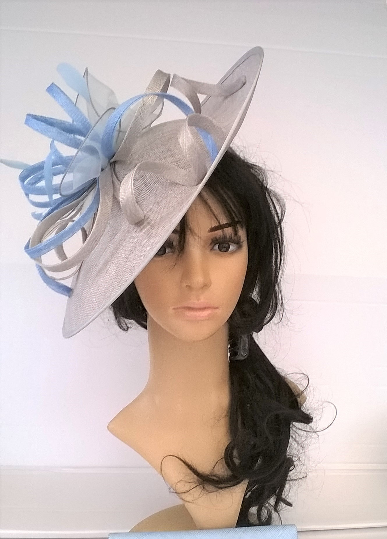 Silver Grey Fascinator with Blue loop & feathers..Stunning Sinamay