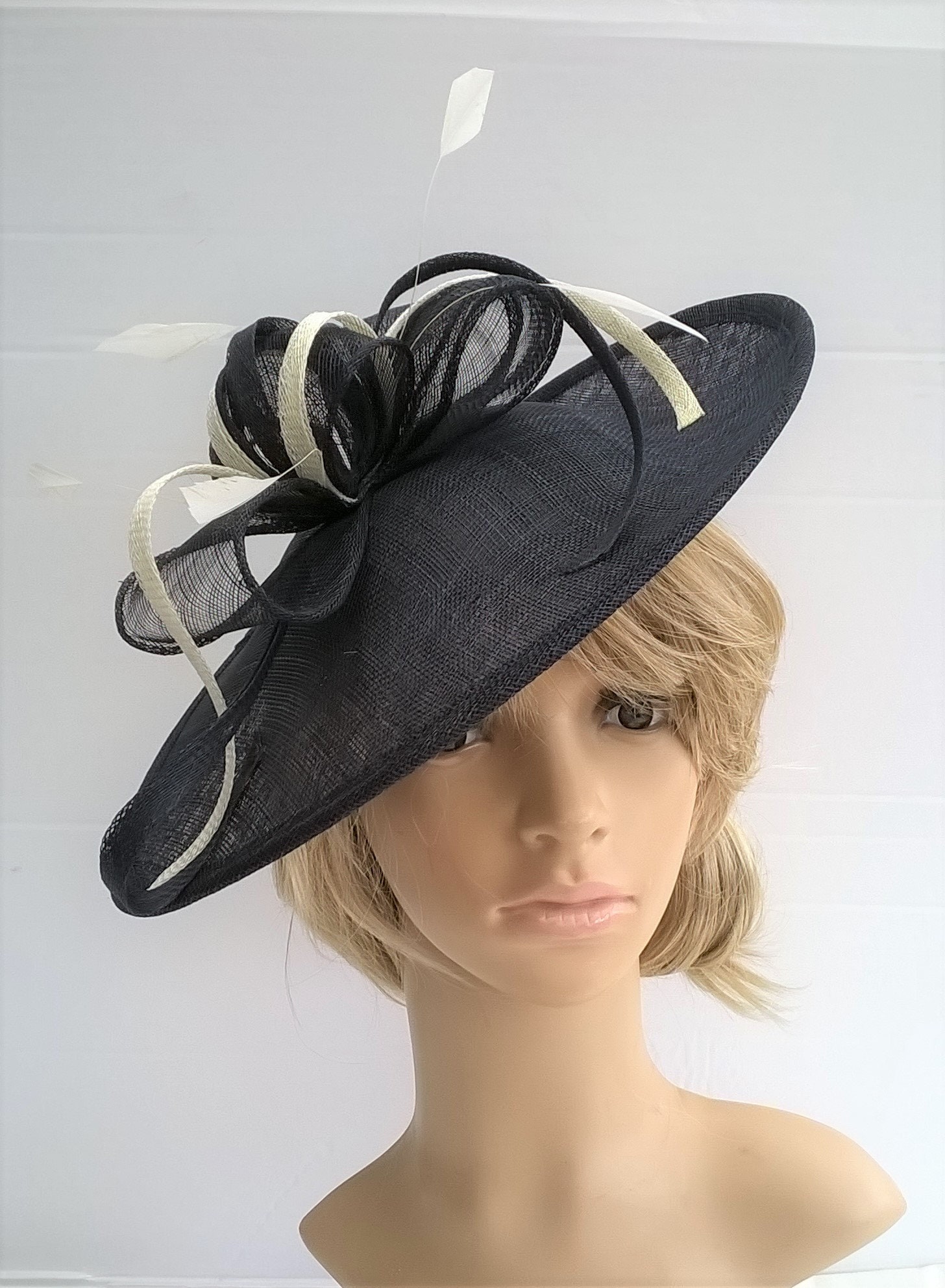Stunning Navy & cream/Ivory Sinamay Shaped disc Fascinator with swirls