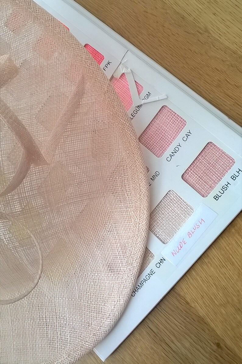 May include: A light peach-colored hat with a wide brim, next to a color swatch card. The card displays various shades of pink and peach, with the handwritten label "NUDE BLUSH". The hat has a woven texture.