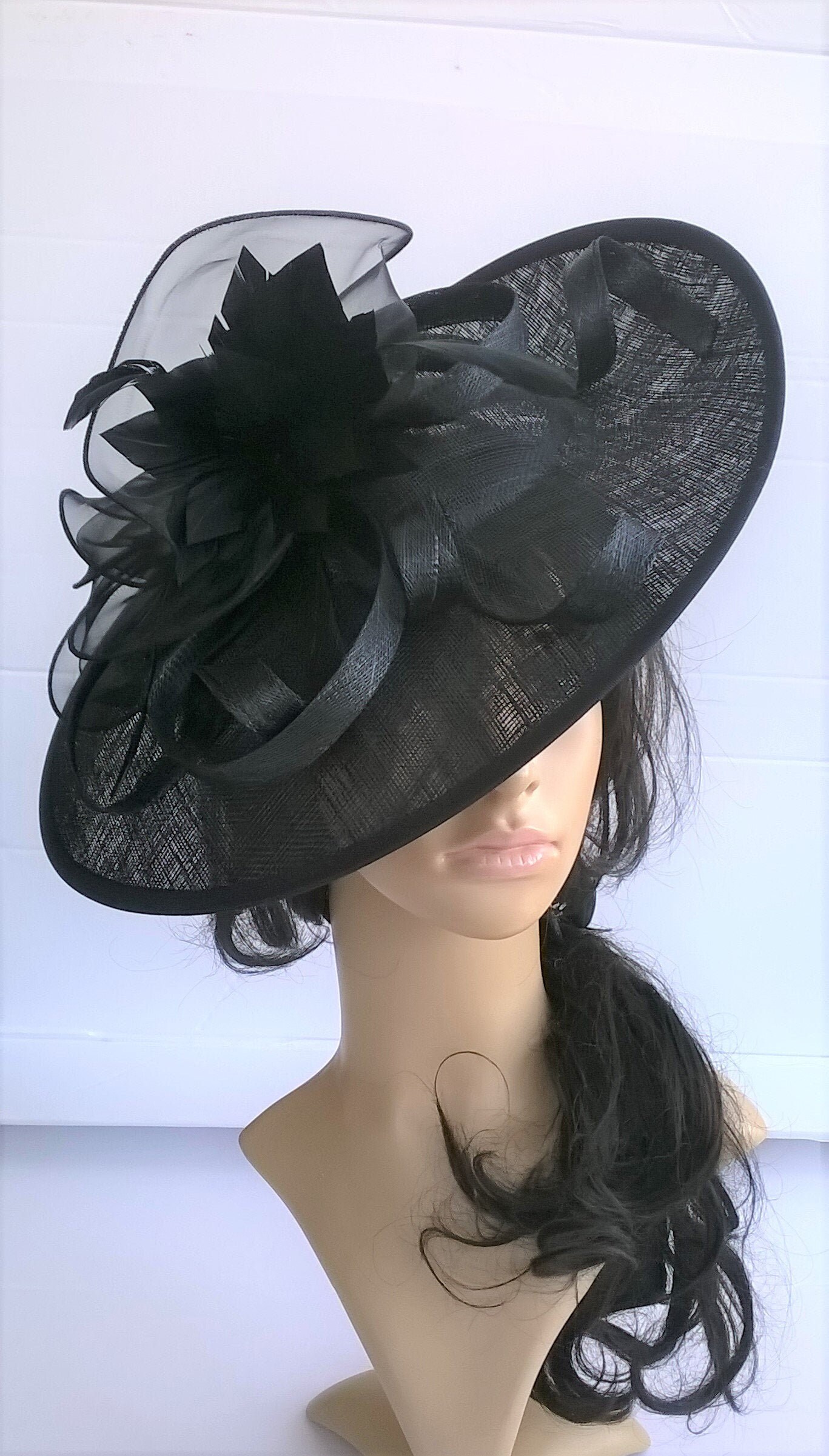 Black Sinamay Fascinator With Feathers, Netting & Flower - Clip-On Formal Hairpiece