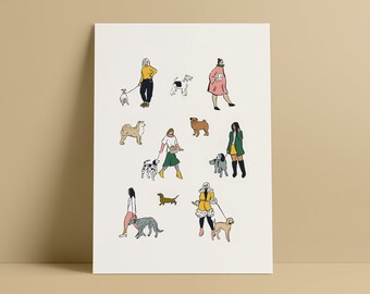 PRE-ORDER: Dog Walkers (A3), Illustrated Print, Giclee, Dogs, Dog Gift, Fashion Illustration, Home Decor, Contemporary, Simple