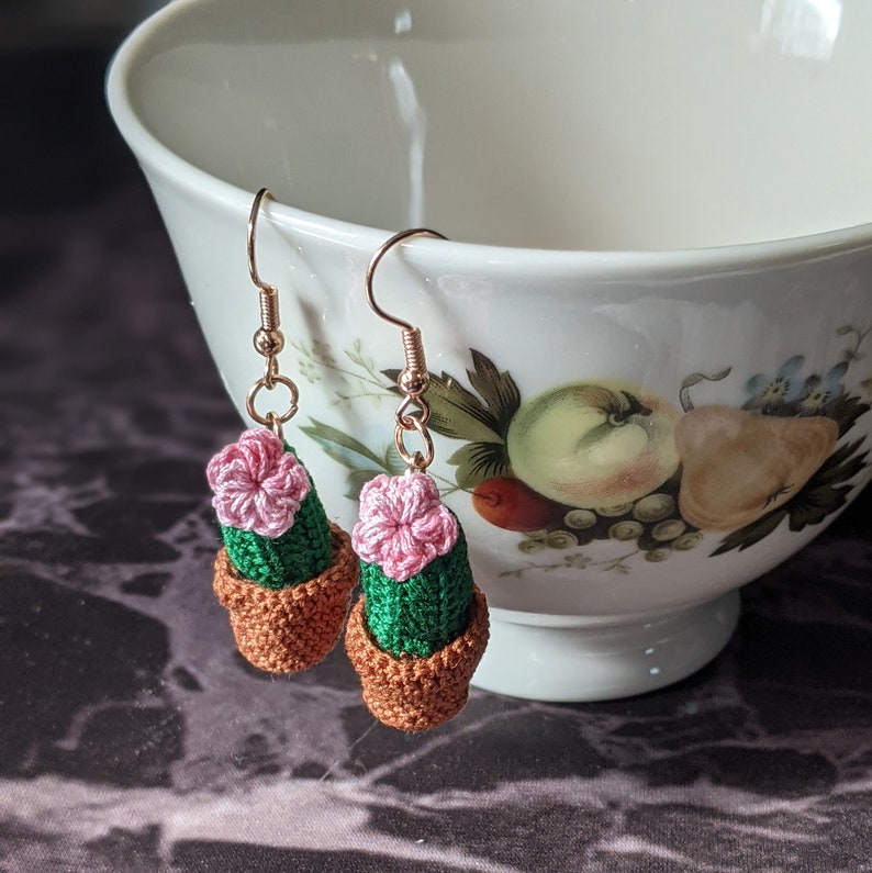 Flowering Cactus Earrings Micro Crochet Cottagecore Earrings Etsy