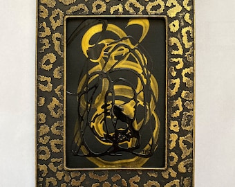 abstract acrylic painting black and gold on fine art paper incl. golden framed