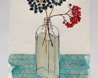 original painting watercolor floral art on fine art paper  vintage minimalistic vase by M.Schöneberg