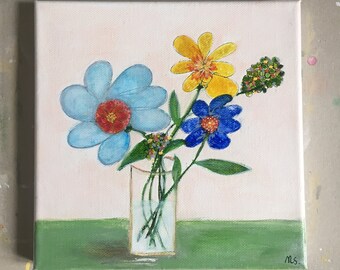 Flowers  Painting  Original Acrylic Painting Abstract Painting Landscape Art Wall Art by M.Schöneberg  "Good morning" 8 x 8 x 0.75