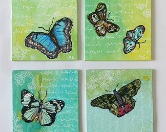 original watercolour painting small  butterflies set modern wall art on canvas panel