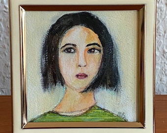gerahmtes Acryl Frauen Portrait Gesicht Gemälde auf Aquarellpapier von M.Schöneberg