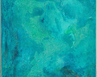 May include: Abstract painting with a textured, teal and turquoise blue background. The paint has a layered, mottled effect.