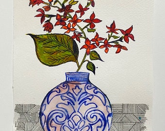 original painting aquarell watercolor floral art on fine art paper  vintage vase by M.Schöneberg