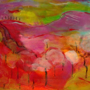 May include: Abstract painting with a landscape theme. The painting features a pink and red sky with a green and yellow hill in the background. The foreground features a field of white and pink trees with black trunks.