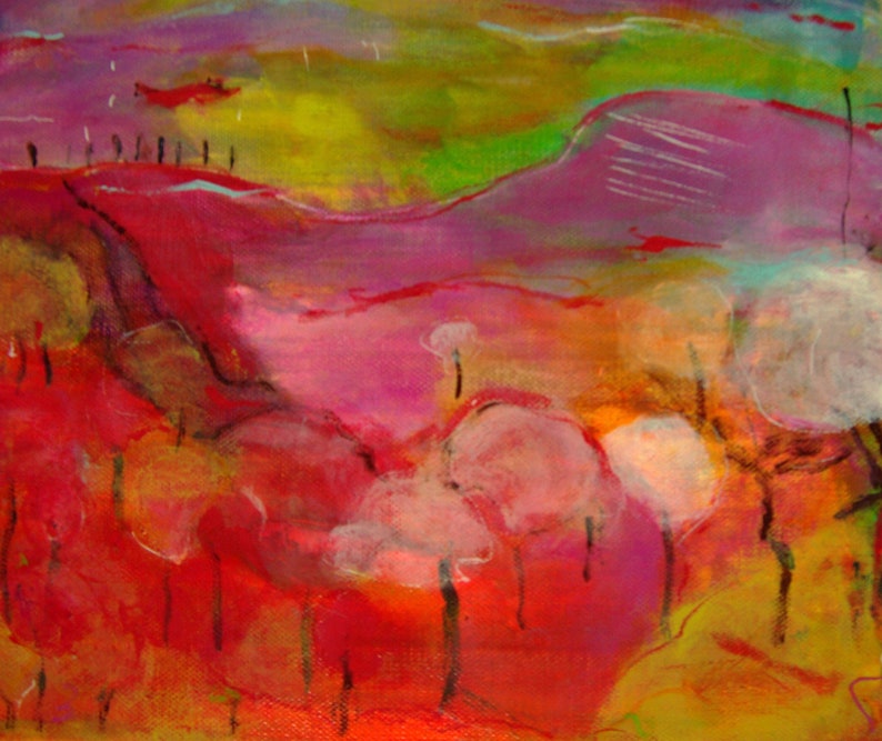 May include: Abstract painting with a landscape theme. The painting features a pink and red sky with a green and yellow hill in the background. The foreground features a field of white and pink trees with black trunks.