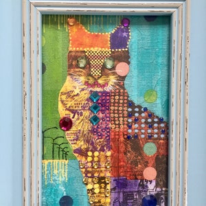 framed acrylic painting on paper mixed media art clourful painting Glitter Cat by M.Schöneberg image 2