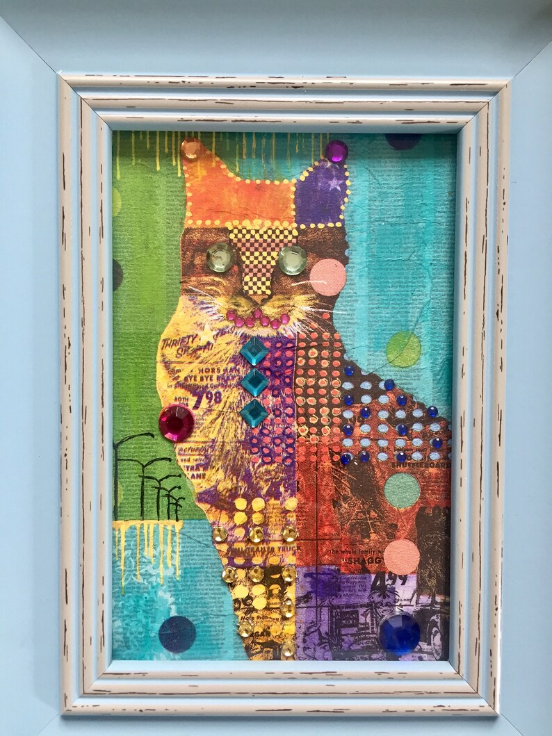 framed acrylic painting on paper mixed media art clourful painting Glitter Cat by M.Schöneberg image 2