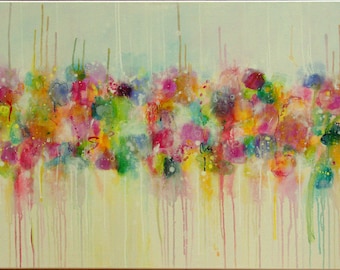 May include: Abstract painting with a colorful, textured, and layered design. The painting features a variety of colors, including pink, purple, blue, green, yellow, and orange. The paint is applied in a loose and gestural style, creating a sense of movement and energy.