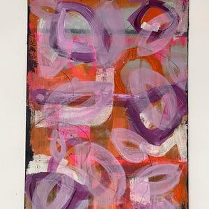 May include: Abstract painting with a mix of orange, pink, purple, and black paint. The painting features a variety of shapes and lines, creating a dynamic and energetic composition.