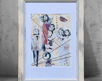 May include: A framed collage of five women in black and white with a red lip and a red bird on a gold background. The women are wearing different outfits and have different hairstyles. The collage is framed in a white frame with a distressed finish.