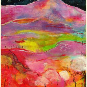 May include: Abstract painting of a landscape with a pink mountain range under a dark blue night sky with a white moon. The foreground features a field of red, orange, and yellow with white and pink trees.