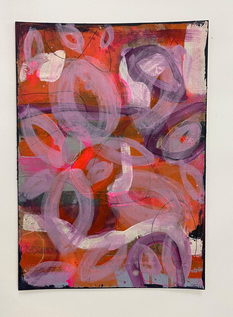 May include: Abstract painting with a red, orange, and purple color scheme. The painting features a variety of shapes and lines, including circles, ovals, and swirls.