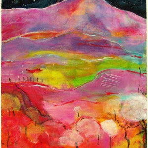 May include: Abstract painting of a landscape with a pink mountain range under a dark blue night sky with a white moon. The foreground features a field of trees with pink, white, and yellow foliage.