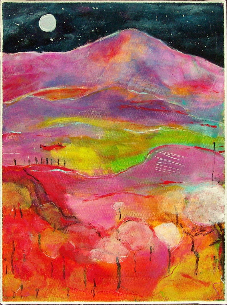 May include: Abstract painting of a landscape with a pink mountain range under a dark blue night sky with a white moon. The foreground features a field of trees with pink, white, and yellow foliage.
