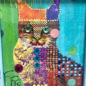 framed acrylic painting on paper mixed media art clourful painting Glitter Cat by M.Schöneberg image 3