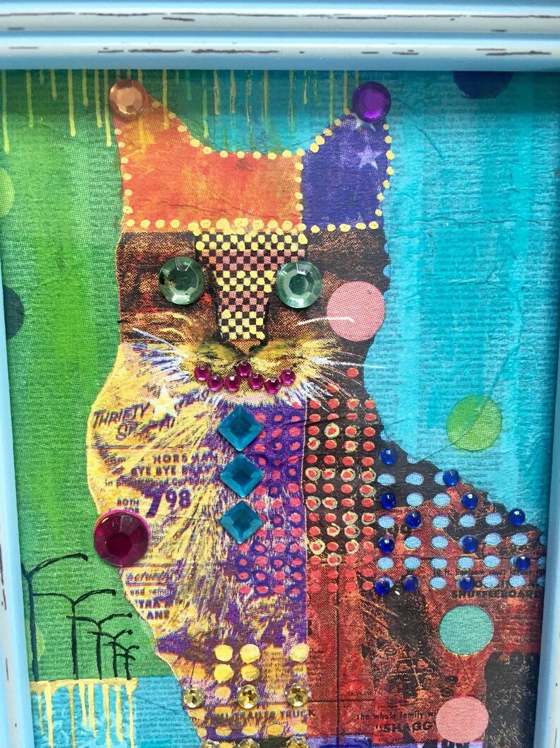 framed acrylic painting on paper mixed media art clourful painting Glitter Cat by M.Schöneberg image 3