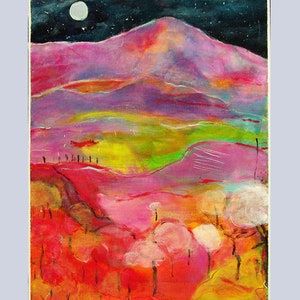 May include: Abstract painting of a landscape with a mountain range, trees, and a full moon in the night sky. The colors are vibrant and include pink, red, yellow, green, and blue.