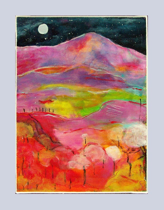 Landscape Abstract Painting Colorful Art Acrylic Painting "Moon night" Canvas Art by M.Schöneberg 16x12x0,75