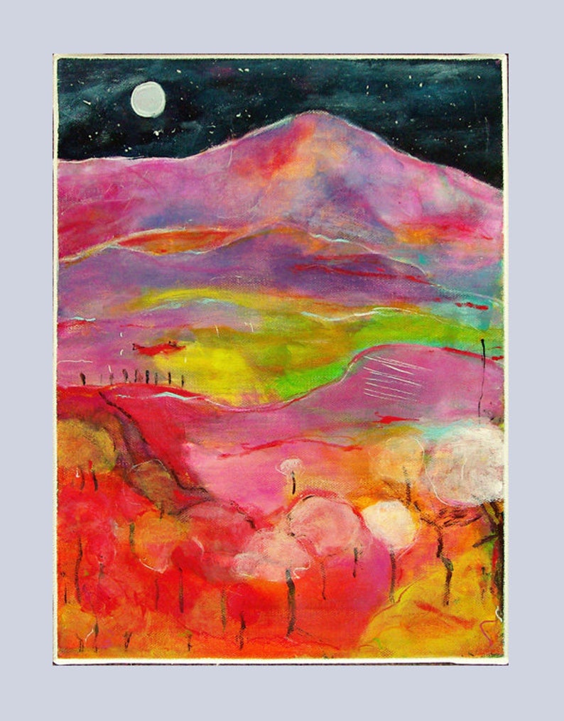 May include: Abstract painting of a landscape with a mountain range, trees, and a full moon in the night sky. The colors are vibrant and include pink, red, yellow, green, and blue.