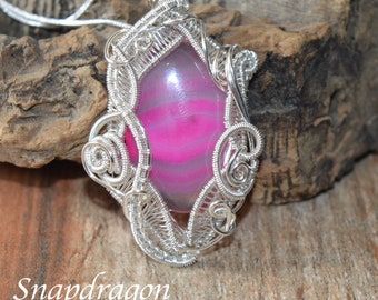 Wire Wrapped Pink Striped Agate Pendant Necklace