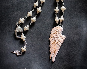 Handmade Angel Wing Necklace: Clay Pendant, Pearl Beads