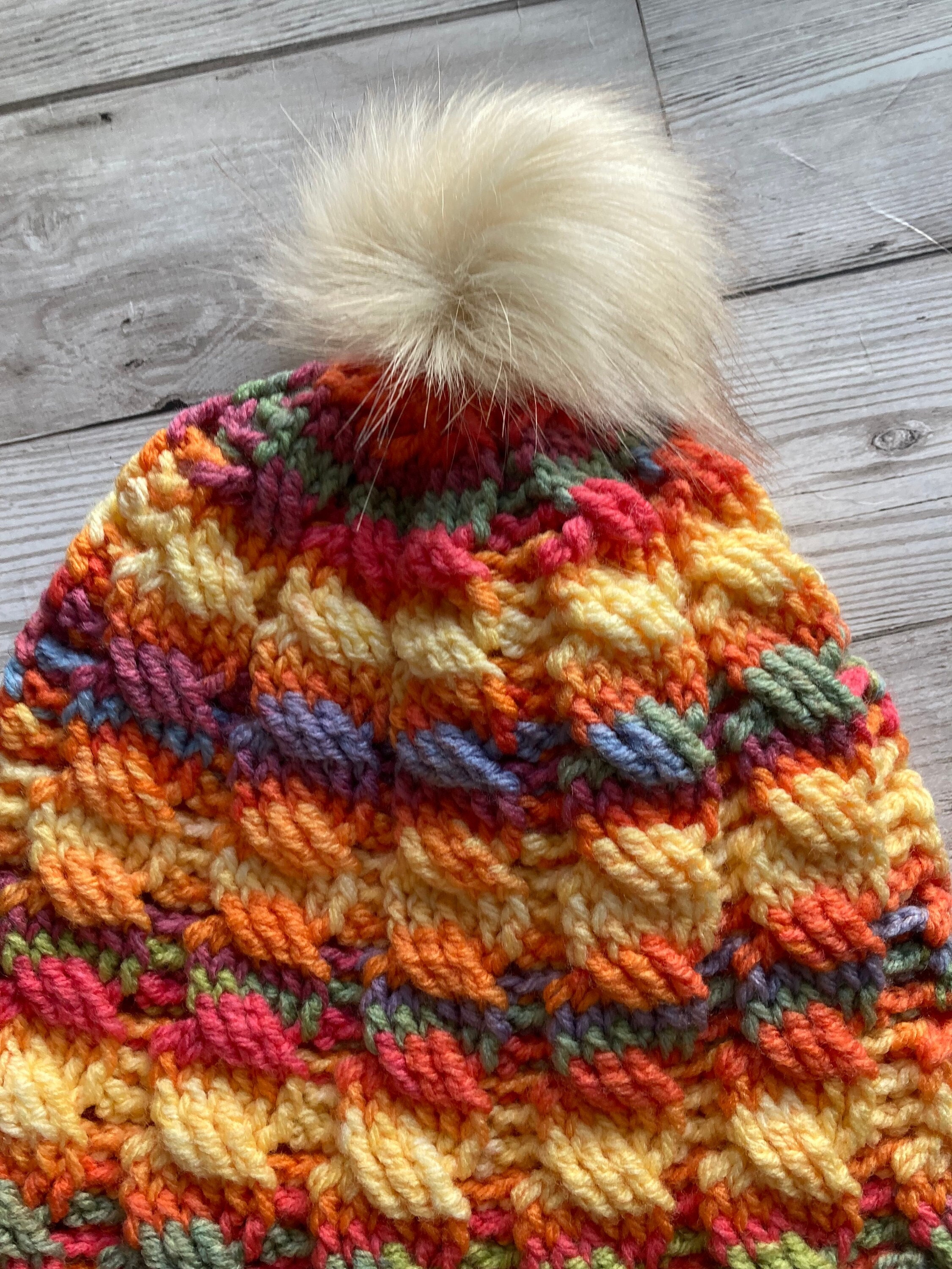 Crochet Cable Hat: Ladies Winter Beanie With Faux Fur Pom - Etsy display picture 1