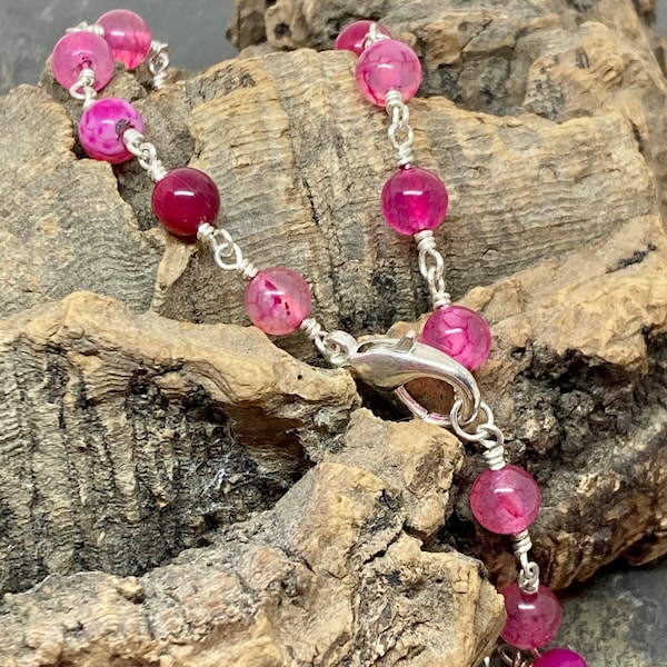 Pink agate bracelet, ladies beaded link bracelet, pink veined agate bead bracelet, omen's gift jewellery