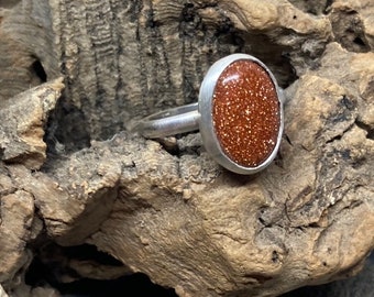 Ladies sterling silver ring, Sterling silver bezel set Goldstone cabochon ring UK Size M US size 6.5