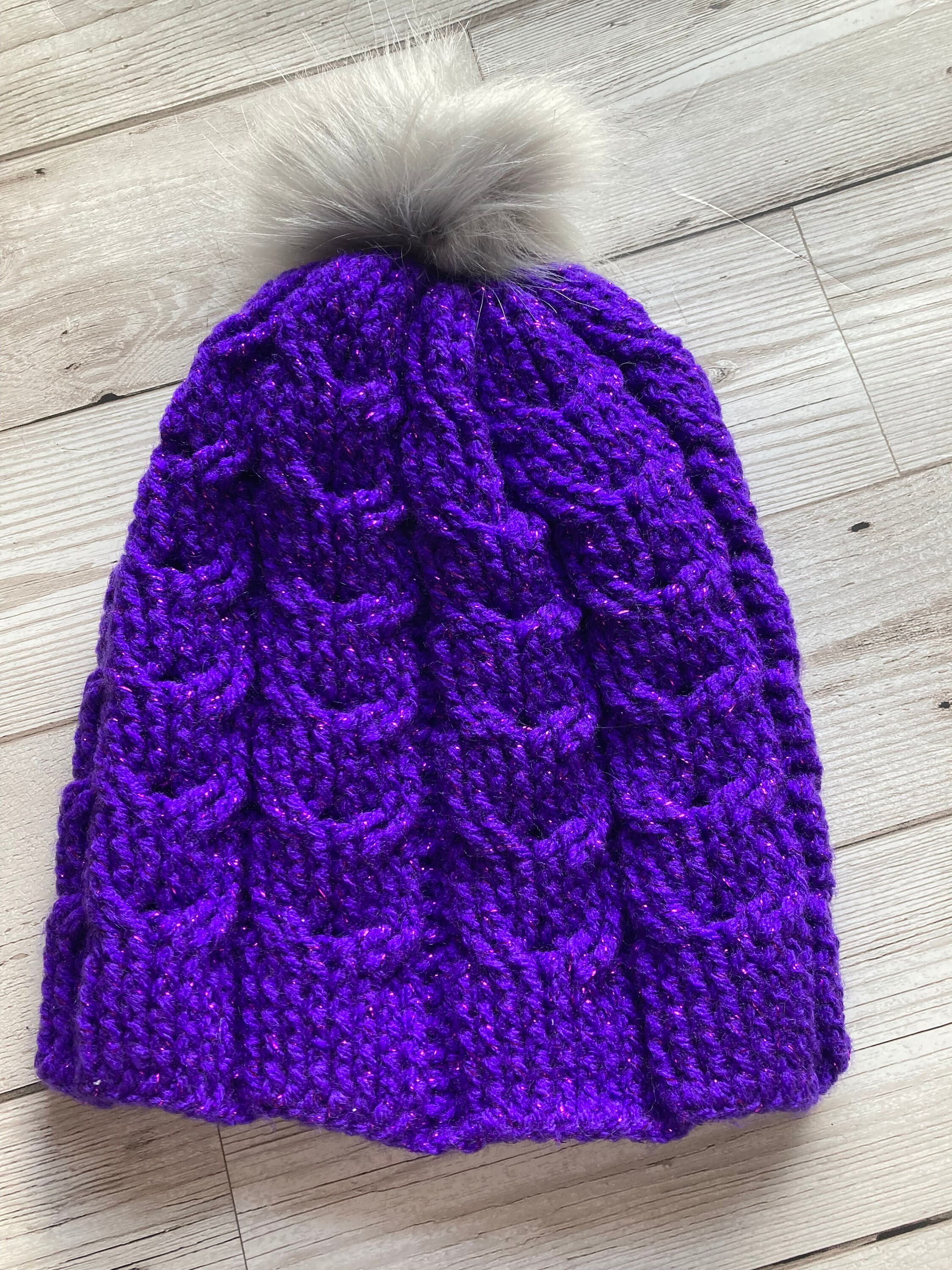 Purple Crochet Cable Hat With Glitter, Faux Fur Pom Pom - Etsy display picture 2