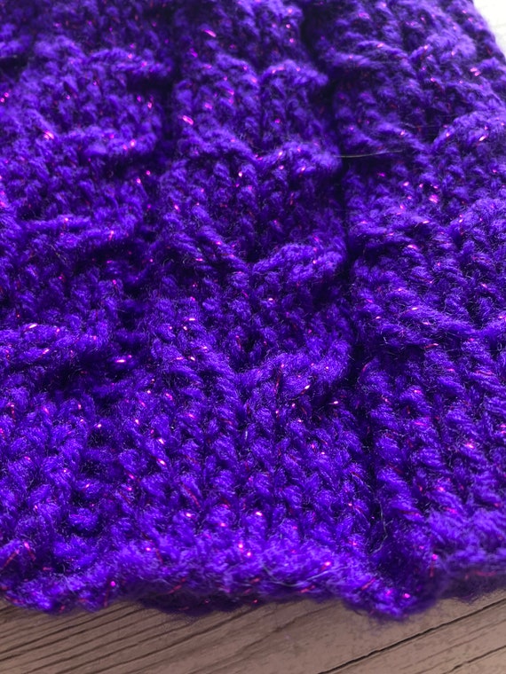 Purple Crochet Cable Hat With Glitter, Faux Fur Pom Pom - Etsy display picture 2