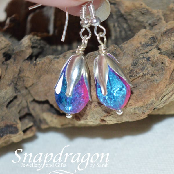 Two toned pink and blue crackle glass drop earrings with tulip bead caps