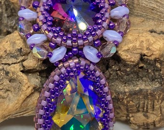 Set met paarse kristallen ketting en oorbellen met Peyote-kralen