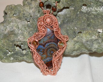 Ornate wire wrapped dragon vein agate cabochon and beaded chain, statement jewellery, amulet, heady wirework