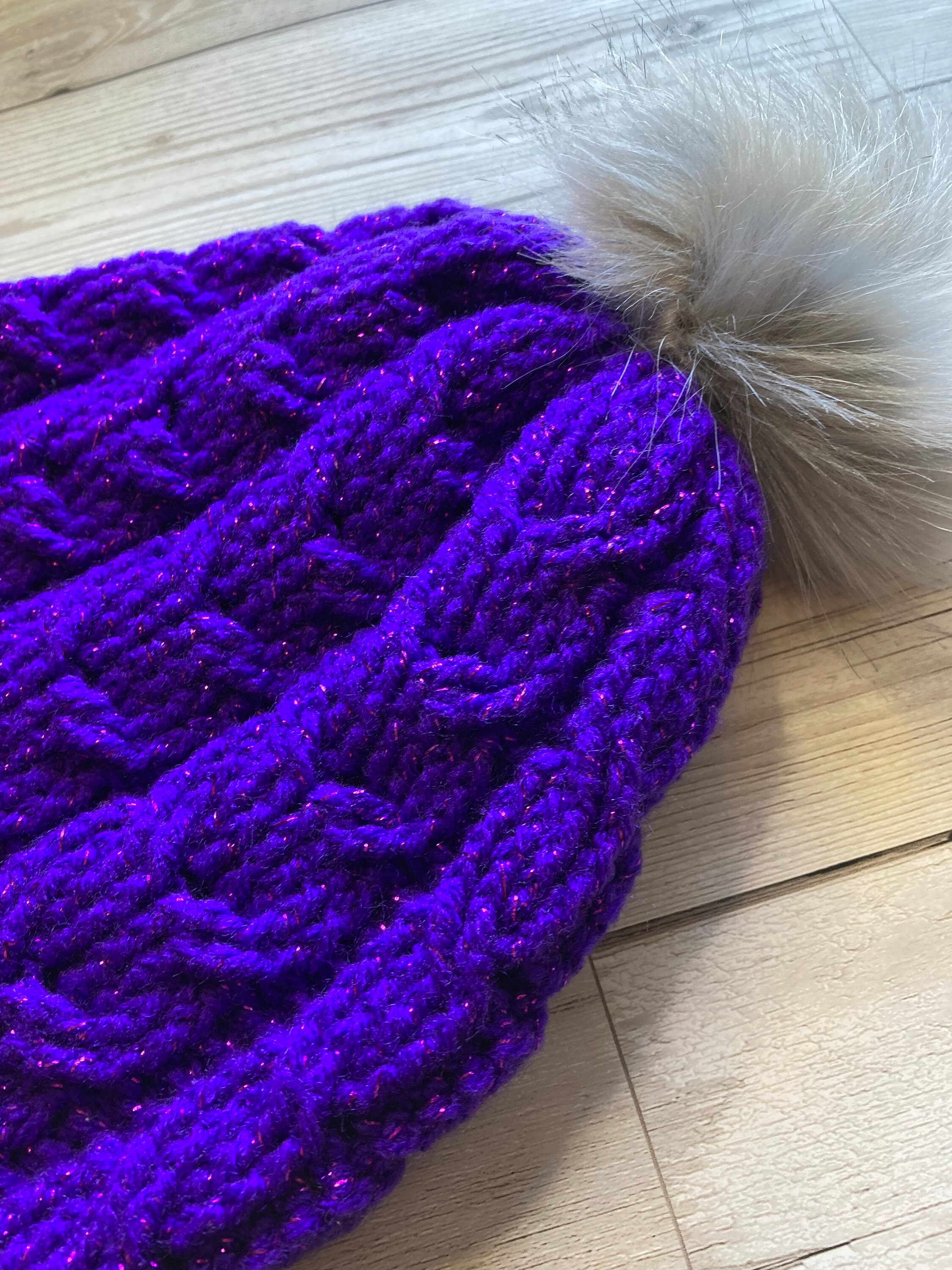Purple Crochet Cable Hat With Glitter, Faux Fur Pom Pom - Etsy display picture 1