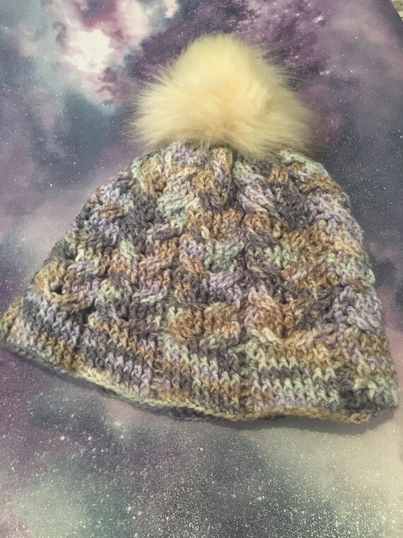 Cable Knit Crochet Beanie Hat Handcrafted With Faux Fur Pom Handmade Blue Green Cozy Handmade Crocheted Beanie with Faux Fur Pom Pom - Made  main image 4
