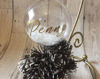 Personalized Faux Snow Christmas Bauble, Rustic Twine