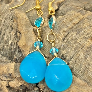 Blue Teardrop Earrings: Faceted Crystal Briolettes, Gold Plated