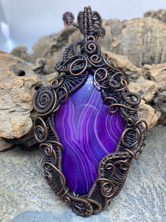 Purple Agate Wire Wrapped Pendant: Oxidized Copper Beaded Chain