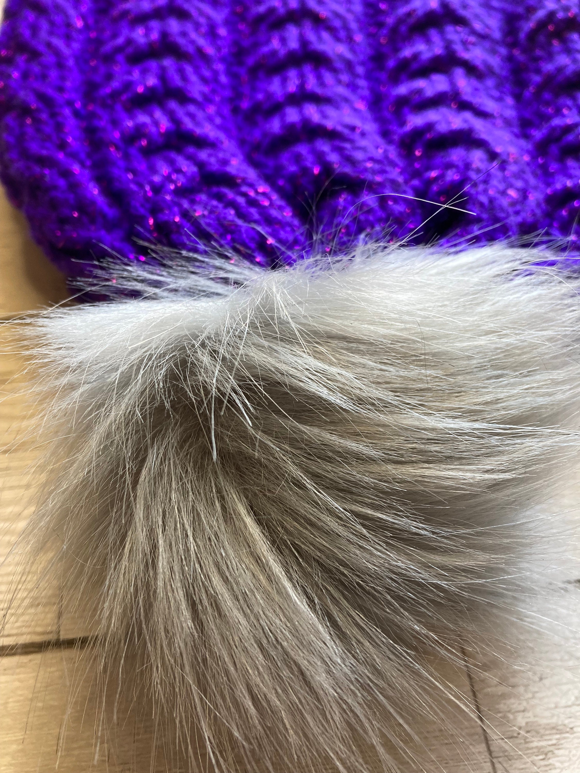 Cable Knit Crochet Beanie Hat Handcrafted With Faux Fur Pom Handmade Purple Blue Purple Crochet Beanie: Braided Texture, Lavender Faux Fur  main image 2