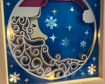 Light up Santa moon Christmas shadow box frame, Christmas home décor